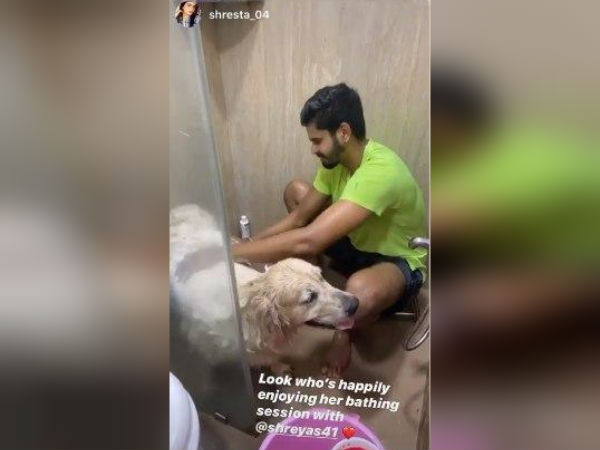 পোষ্যকে স্নান করালেন শ্রেয়স